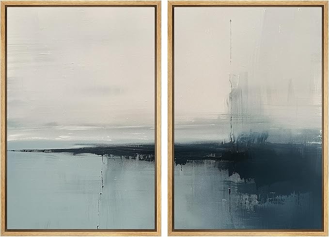 SIGNWIN Framed Canvas Print Wall Art Modern Blue Ocean Coastal Abstract Serene Neutral Tones with Subtle Patterns Illustrations Decorative for Living Room, Bedroom, Office - 24"x36"x2 Natural