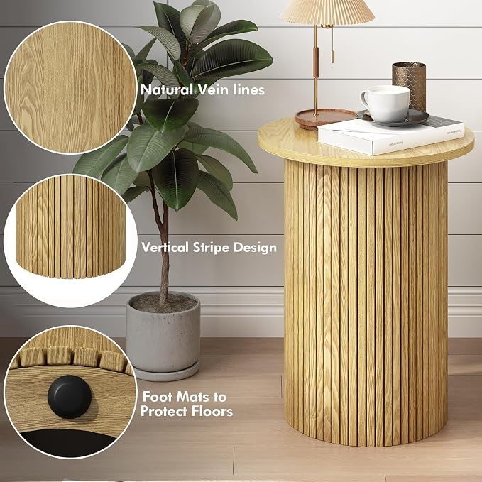Wnutrees Round Fluted End Table, Small Accent Pedestal Side Table, Wood Fluted Nightstand Bedside Table for Living Room, Handcrafted Finish, Natural, 2Pack