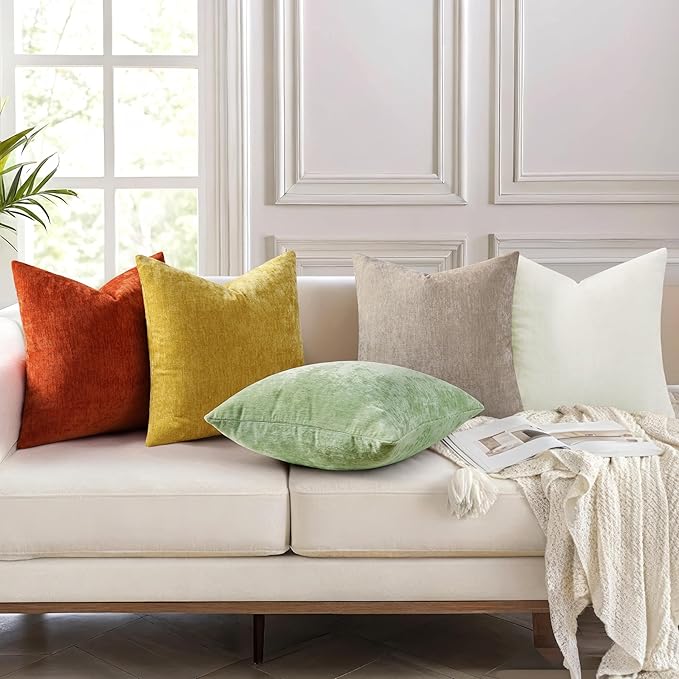 decorUhome Chenille Cream White Throw Pillow Covers 16x16 Inch Set of 2, Decorative Soft Couch Pillow Covers Solid Dyed Accent Farmhouse Neutral Square Pillow Cases for Sofa