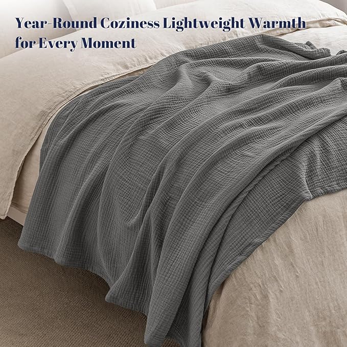 PHF 100% Cotton Muslin Blanket Queen Size 90"x90", 4-Layer Lightweight Gauze Throw, Breathable Cloud-Soft Minimalist Blanket for Bed, Couch, Camping, Greyish Black/Charcoal, Ideal Gift