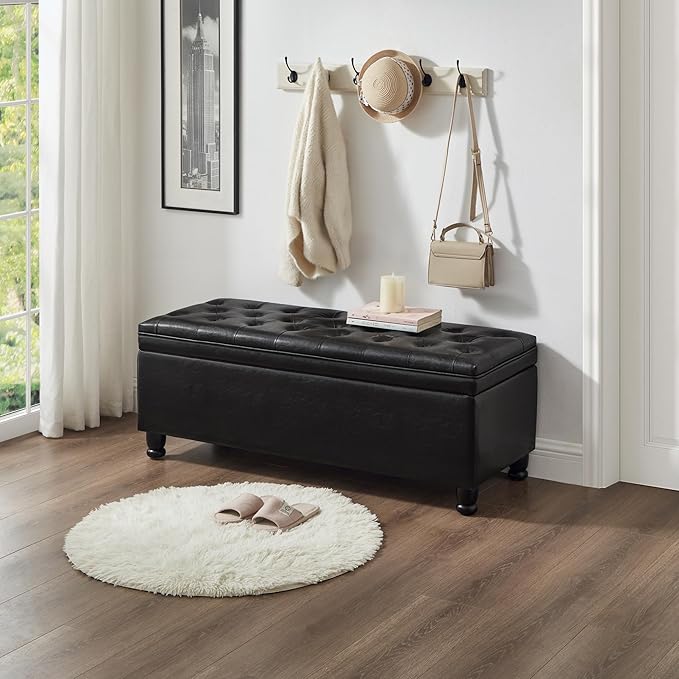 Upholstered Modern Upholstered Storage Ottoman Bench with Arms, 45" End of Bed Bench for Entryway, Bedroom, Living Room,Black