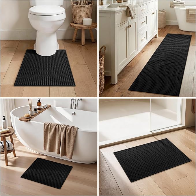 YIHOUSE Waffle Ultra Thin Small Bath Mat, Soft & Absorbent Bathroom Rug, Non-Slip Rubber Backed, Quick Dry Shower Mat, Boho Farmhouse Bathroom Decor, Machine Washable, Black, 17 * 24