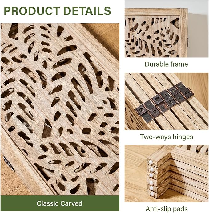 Leaf-Carved Room Divider Privacy Screen - 67 Inch Tall Foading Decorative Wood Screen Dividers Panel for Home - Natural Wood Room Partitions for Enhanced Privacy and Style Natural 6 Paned