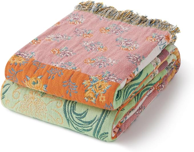 RILIHO 100% Cotton Boho Throw Blanket for Home Decor – Classic Farmhouse Quilt Bedding, Muslin Blankets for Adults, Vintage Woven Decorative Blanket for Couch, Bed Layering Use, Patchwork, 90"x90"