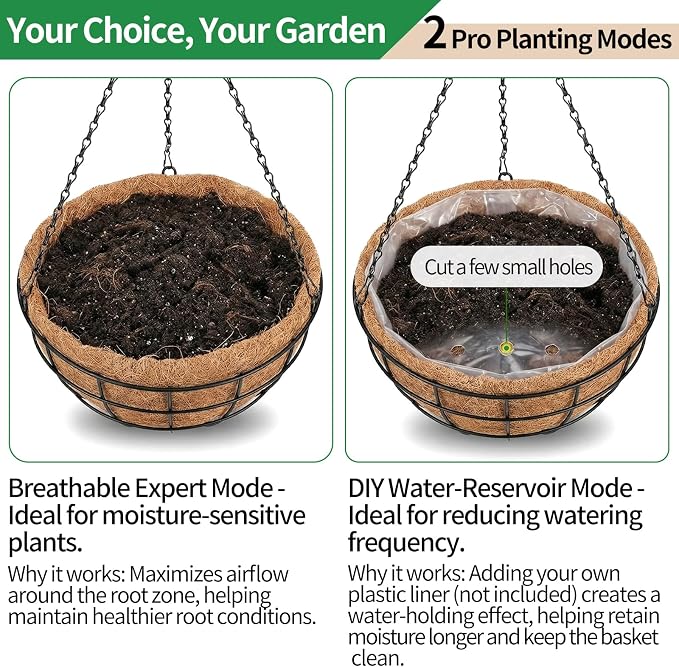 16 Inch Hanging Planters for Outdoor Plants,2 Pack Large Hanging Baskets for Plants Outdoor Metal Hanging Baskets with Thick Coco Coir Liners, Round Flower Pots for Porch Garden Ferns & Petunias