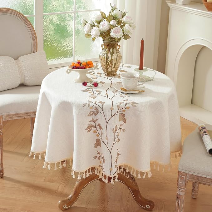 Laolitou Cotton Linen Waterproof Tablecloth for Dining Table Farmhouse Kitchen Round Table Cloth Coffee Wrinkle Free Tables Cover, Beige, Coffee Flower, Round, 55", 2-4 Seats