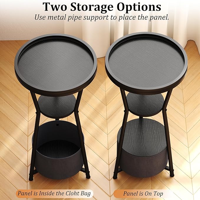 Yusong Round Side Table, Small Drink Table for Small Spaces, 3-Tier Industrial End Table, Accent Nightstand Bedside Table for Living Room, Bedroom, Sofa Couch, Black