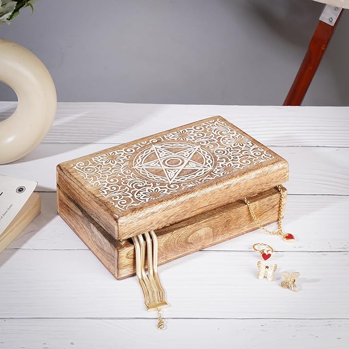 Ajuny Handmade Wooden Decorative Storage Box Star Floral Pattern Multipurpose Keepsake Treasure Chest Box for Memory Cards, Watches, Jewlery and Small Accessories Gift for Men and Women - 8X5 Inch