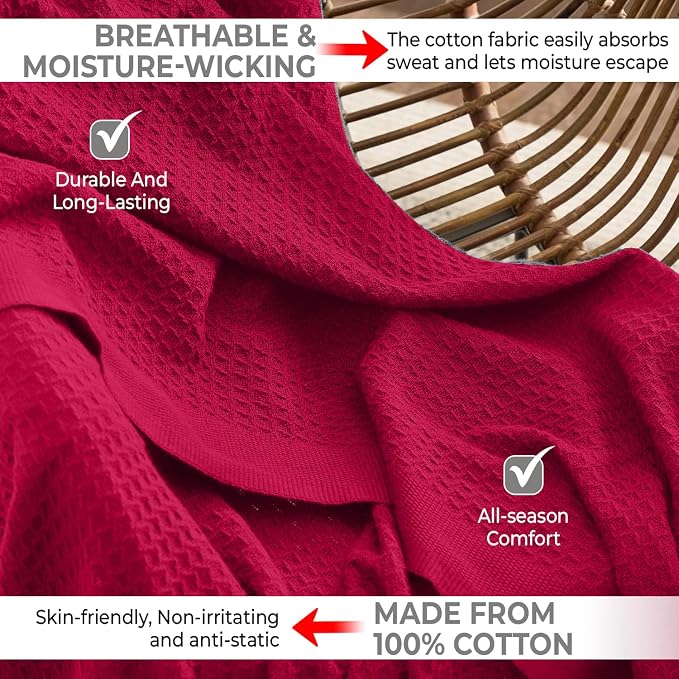 100% Cotton Blankets for Bed - Waffle Weave Blankets for Summer, Lightweight and Breathable Soft Woven Blanket for Spring (Burgandy, Twin (60" x 90"))