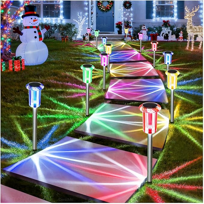 DenicMic Solar Lights Outdoor 10 Pack Waterproof Color LED Stainless Steel Stake Outside Lights for Yard Pathway Garden Landscape Path Lighting Christmas Decorations