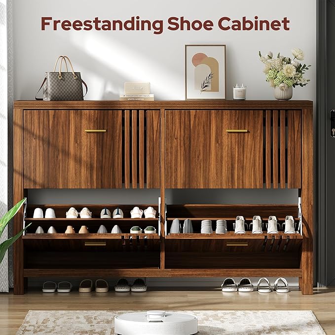 Shoe Storage Cabinet for Entryway with 4 Flip Drawers, 47.24" Narrow Fluted Shoe Organizer Cabinet, Slim Wooden Shoe Rack Cabinet, Freestanding Hidden Shoe Cabinet for Hallway, Entrance (Walnut)