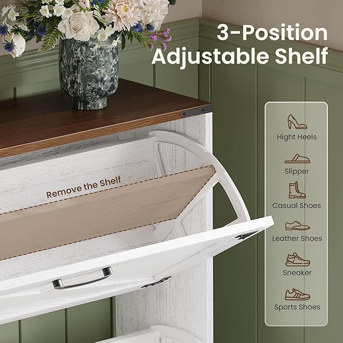 Shoe Organizer Cabinet Narrow with 3 Flip Drawers Shoe Rack Cabinet Hidden Slim Freestanding Shoe Storage Cabinet 24 Shoes for Entryway,Living Room, White Walnut