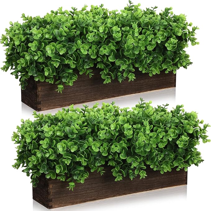 Lyrow 2 Pack Artificial Eucalyptus Plant in Rustic Rectangular Wooden Planter Box Greenery Faux Potted Herb Plant for Indoor Wedding Table Centerpiece (Emerald,16 x 3.7 x 8.7 Inches,Stylish Style)