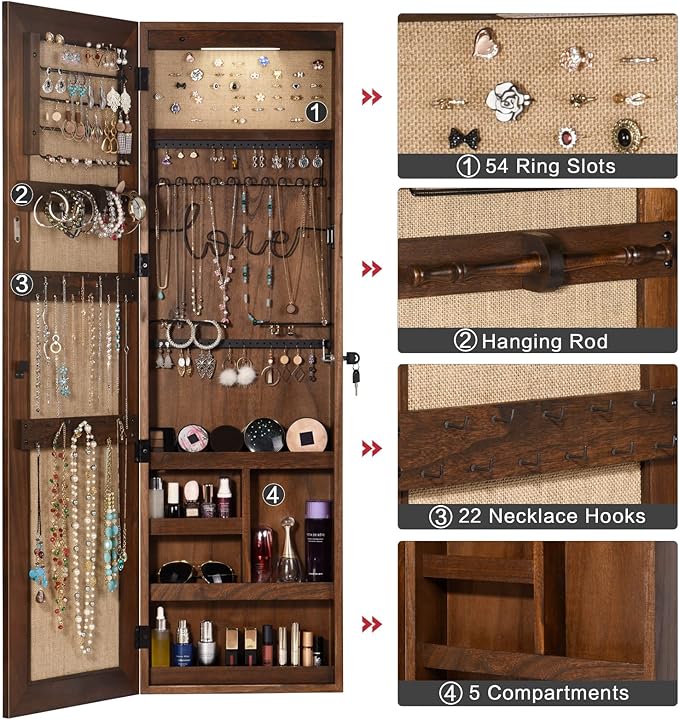 SRIWATANA Jewelry Organizer, Wall/Door Mounted Jewelry Armoire Cabinet with Mirror, Solid Wood(Dark Brown)