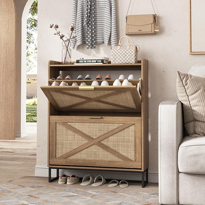 Maupvit Shoe Storage Cabinet with 2 Rattan Flip Drawers, Freestanding Organizer with Metal Legs for Entryway, Narrow Shoe Rack Cabinet, Hidden Golden Handles, Rustic Oak Rattan