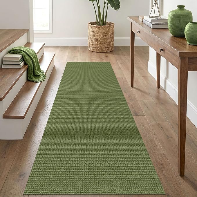 IOHOUZE Washable Runner Rug 2.6x8 Non Slip Rubber Backed Wide Hallway Runner Entryway Runner Indoor, Kitchen Rugs Woven Cotton Floor Carpet for Hall Entrance Bedroom, Olive Green/Earthy Green