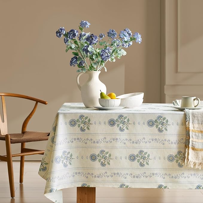 Floral Table Cloth for Rectangle Table: Blue Striped Printed Linen Tablecloth - Farmhouse French Vintage Rustic Burlap Textured Outdoor Table Cover for Kitchen,Dining,Party,Picnic Decor, 55x102 Inch