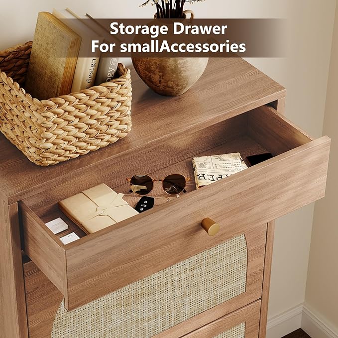 Shoe Storage Cabinet for Entryway, Slim Shoe Rack with 2 Flip Drawers and Top Storage Drawer, Narrow Shoe Organizer with Arched Rattan Accent, Entryway Shoe Storage for Size 13.5 Shoes, Caramel