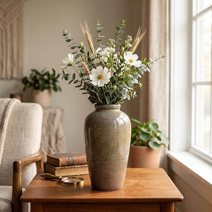 Rustic Farmhouse Ceramic Vase - 11 Inch Large Brown Pottery Vases Home Decor, Glazed Textured Decorative Vase for Pampas Grass, Console, Entryway Table Decor, Mantle, Kitchen Centerpieces