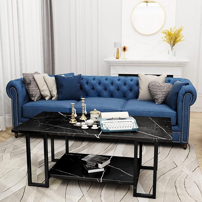Lamerge Coffee Table, Modern Faux Marble Top Coffee Table with Metal Frame and Storage Shelf, 2-Tier Rectangle Accent Cocktail Table for Living Room, Office (Black)
