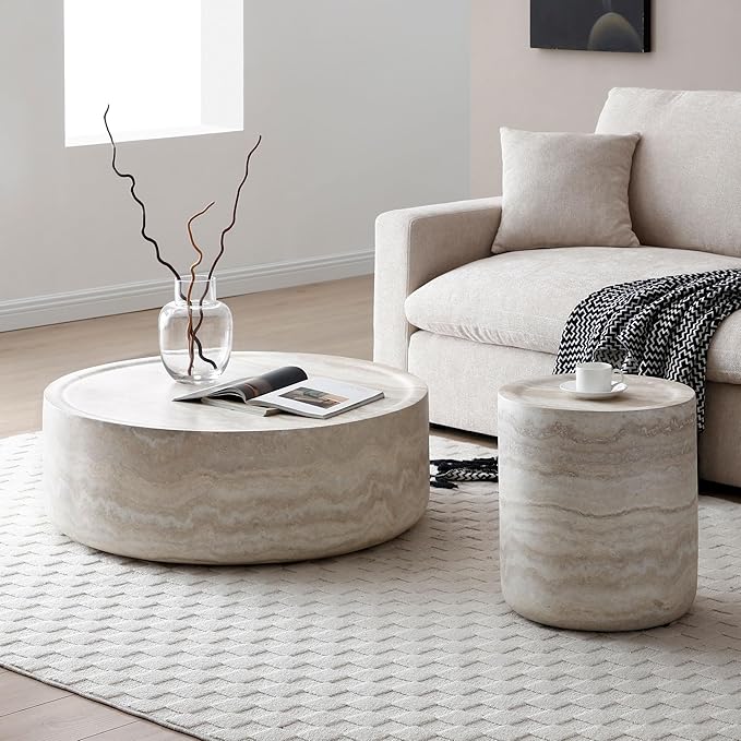 WILLIAMSPACE 39.37'' Round Coffee Table in Faux Marble, Modern Circle Fiberglass Drum Stone Center Table Side Table Tea Table for Living Room, No Need Assembly (Mars Pattern)