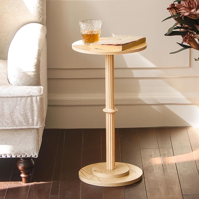MaxSmeo Drink Table, Small Side Table for Small Spaces, Modern Round End Table with Fluted Wood Leg, Natural