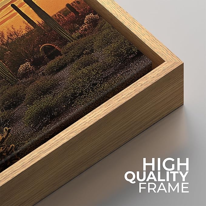 SIGNFORD Framed Canvas Print Wall Art Set Desert Sunset Cactus Artwork, Dramatic Sky Southwest Landscape Illustrations Modern Art Minimal Relax/Calm for Living Room, Bedroom, Office - 24"x24"x2 NATURAL