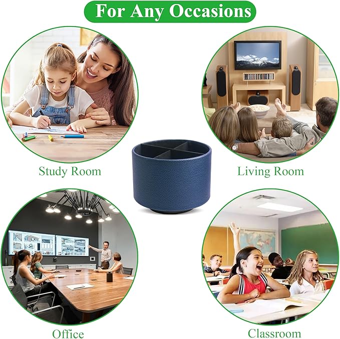 Round Leather Art Supply Organizer,Remote Control Holder,360 Degree Spinning,Multi-Functional Pencil Holder,4 Compartments Desktop Stationary Organizer(1-Lichee Blue)