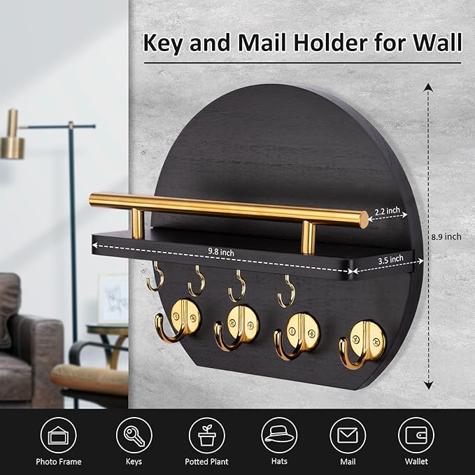 Nekon Key Holder for Wall - 9.8 Inch Apartment Wall Decor with Shelf and 8 Key Hooks, Circular Wood Key Hanger for Home Decor (Black with Golden Hooks)