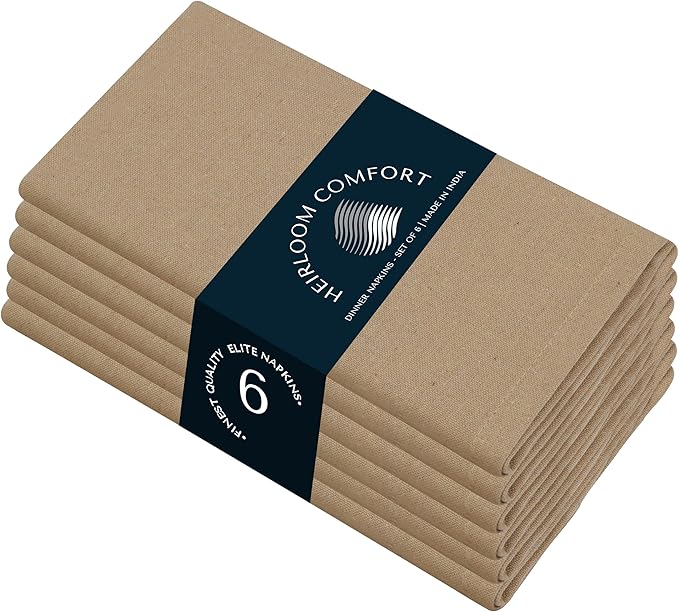 Beige Cloth Dinner Napkins 17x17 Inch - Set of 6-100% Cotton, Soft, Durable, Absorbent, Washable, Reusable - Perfect Table Linen for Weddings, Holiday, Fall, Thanksgiving, Everyday