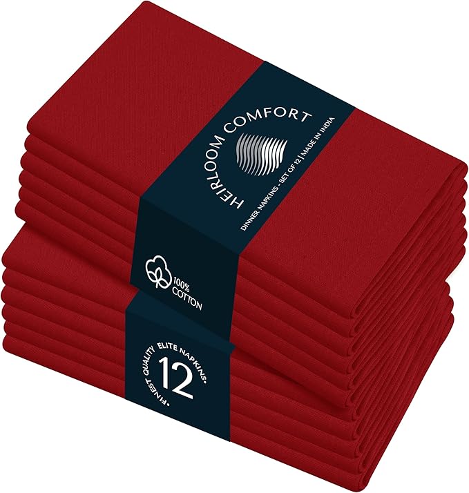 Red Cloth Napkins 17 x 17 Inch, Soft, Absorbent, Durable, Reusable, Washable Fabric, Set of 12 - Perfect Table Napkin for Dinner, Fall, Weddings, Holiday, Christmas, Everyday Use