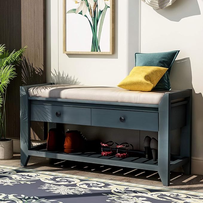 Knocbel Entry Storage Bench Shoes Rack with Cushioned Seat, 2 Drawers & Slatted Shelf, Living Room Entryway Hallway Foyer Shoe Bench Bedroom End of Bed Bench (Antique Navy)