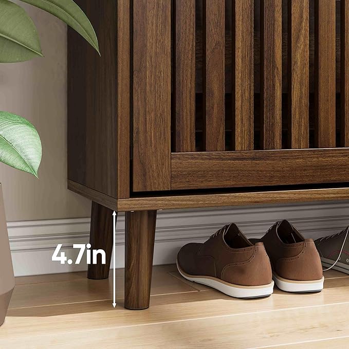 Shoe Cabinet for Entryway, Slim Wooden Shoe Storage Cabinet with 2 Flip Louvered Drawers, Freestanding Shoe Rack Organizer Cabinet for Hallway, Living Room, Walnut (31.5''W)