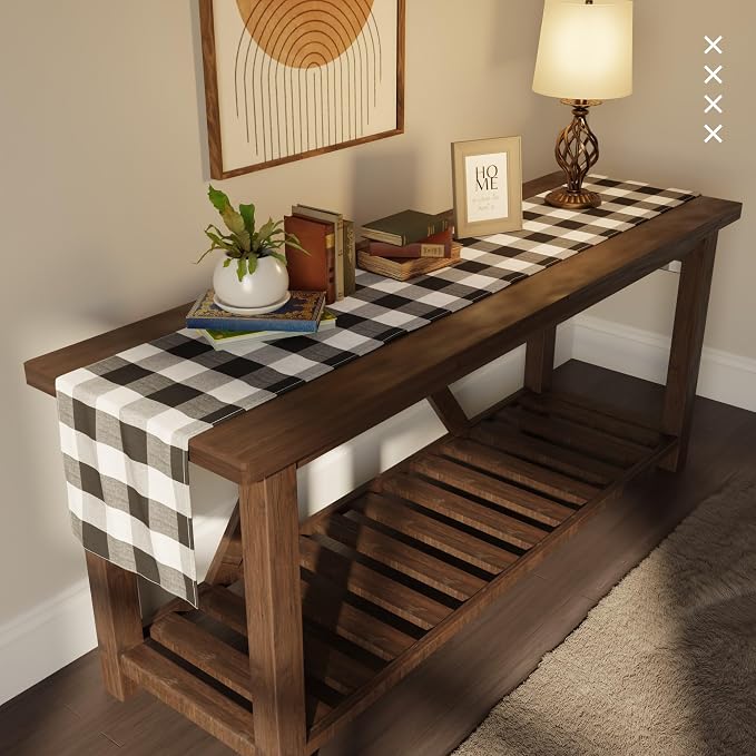 Encasa XO Cotton Dining Table Runner | Buffalo Black Checks | Size 13x72 in - Machine Washable & Durable