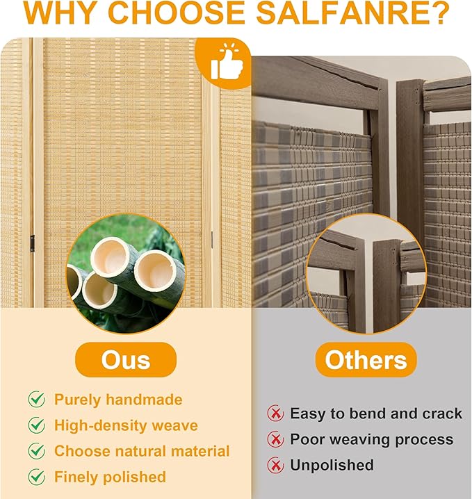 8 Panel Bamboo Room Divider Screen, Folding Privacy Screens for Room Separation, 66.9 Inch Freestanding Room Divider for Home, Bedroom and Office, Assembly-Free, Natural
