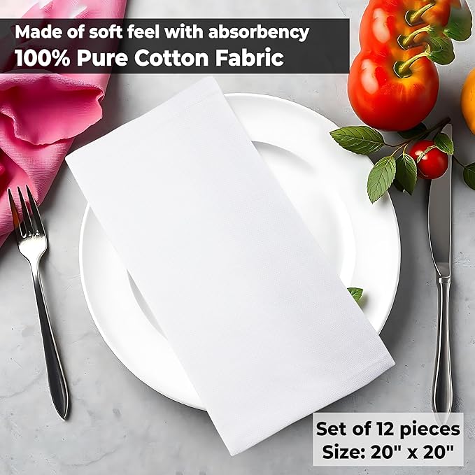 Urban Villa Cloth Napkins 100% Cotton Highly Absorbent Washable Durable Reusable Premium Dinner Napkins Ideal for Gifts for Mothers Day Hotel Farmhouse Parties - White (20" x 20", Set of 10)