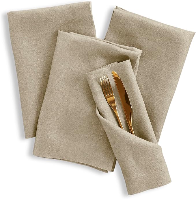 Solino Home Linen Napkins Set of 4-100% Pure Linen Vintage Khaki Dinner Napkins Cloth 20 x 20 Inch for Spring, Summer - Fete, Handcrafted and Machine Washable