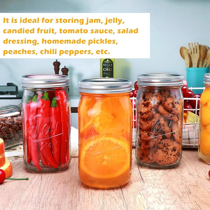 Accguan 32oz Mason Jars with Lids, Wide Mouth Mason Jars,Food Storage Container Excellent Choice for Honey,Drinking,Spice Jars,Canned Goods,DIY Projects,Jam,Wedding Favors,Canning Jars set of 12Pack