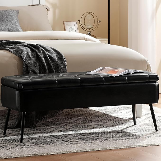 kinmars Leather Storage Ottoman Bench,End of Bed Bench for Living Room Bedroom Dinning Room Entryway,Mid-Century Modern, with Steel Legs,Safety Hinges, Loads 660 lb (with Button, Black)