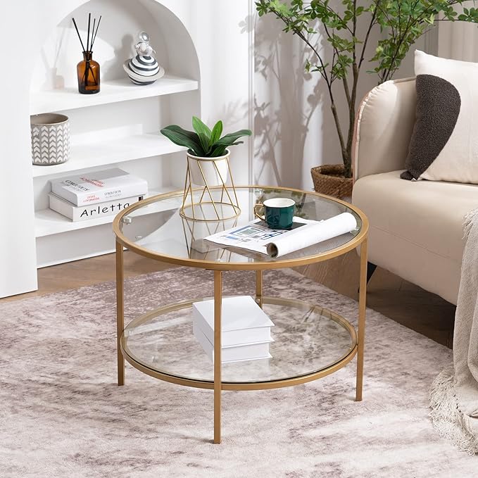 VINGLI 25.6" Round Gold Coffee Tables for Living Room, 2-Tier Glass Top Coffee Table with Storage Clear Coffee, Simple & Modern Center Table for Small Space