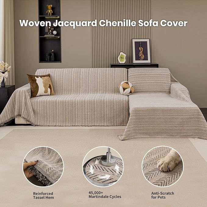 Chenille Couch Cover for Sofa Non Slip Cover Washable Pet Scratch Couch Covers Tassel Sofa Slipcover for 3 Cushion Couch Furniture Protector Blanket for Living Room,Camel Brown 71"x134"