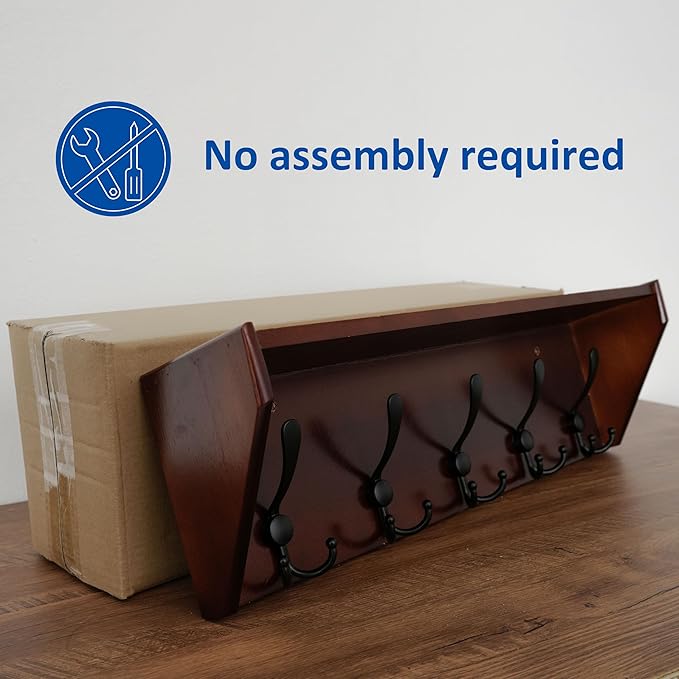 WEBI Coat Rack Wall Mount with Shelf,24" Long Wall Shelf with Hooks Underneath,5 Triple Hooks for Entryway,Hallway,Bedroom,Cherry