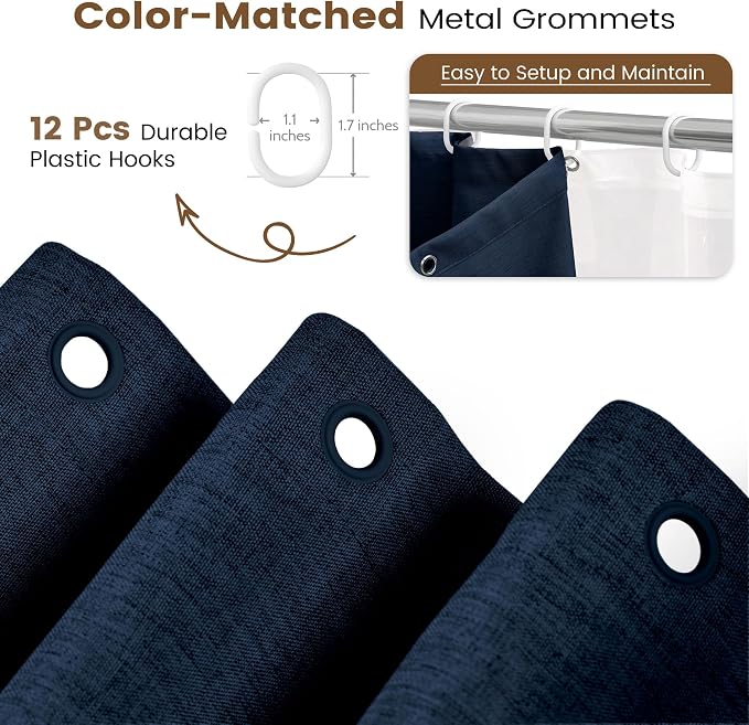 BTTN 3 in 1 Shower Curtain with Liner - 96 Inch Extra Long Linen Textured Fabric Shower Curtain Set with Plastic Hook, Tall Modern Heavy Duty Waterproof Shower Curtain for Bathroom, Navy Blue, 72x96