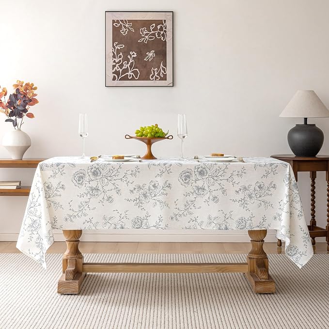 Floral Linen Tablecloth 55 x 96 inch Wrinkle Resistant Vintage Farmhouse Tablecloth 8 FT Black Pattern Printed on Cream Table Cloth Rectangle Cottage Burlap Fabric Table Cover Home Decor Holiday