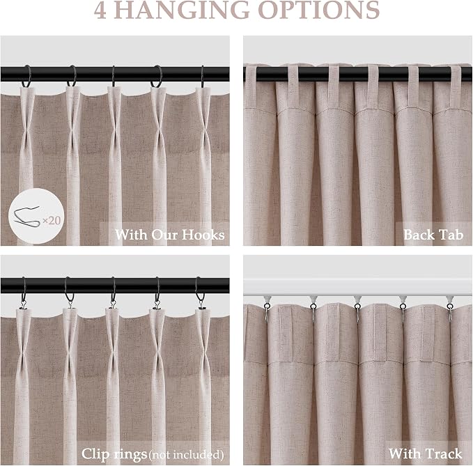 Natural White Linen Pinch Pleated Semi Sheer Curtains 90 Inches Long for Living Room Bedroom Light Filtering Natural Textured Burlap Drapes 90 Length Hooks Rings Back Tab for Sliding Door 2 Panels