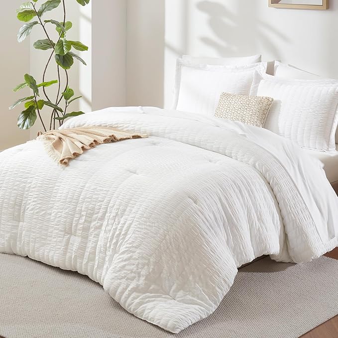 CozyLux King Size Comforter Set White Seersucker 7 Pieces Bed in a Bag King Comforter Set with Sheets, Luxury Soft Bedding Sets with Down Alternative Comforter, Sheets, Pillowcases & Shams All Seasons