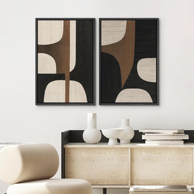 SIGNWIN Framed Canvas Print Wall Art Set Mid-Century Organic Curves in Brown, Black and Cream Illustrations Modern Art Decorative Multicolor for Living Room, Bedroom, Office - 16"x24"x2 Black