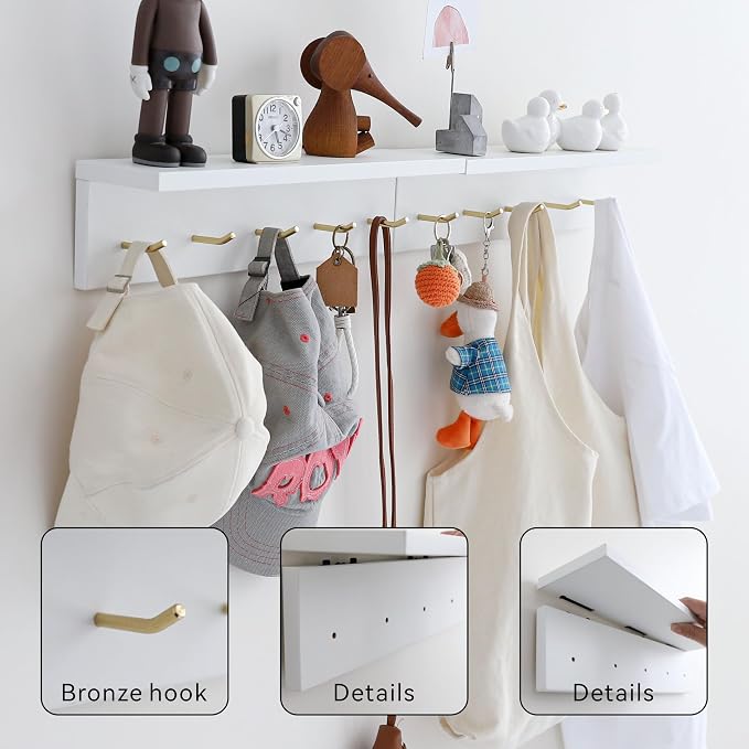 Marine Plywood Wall Mounted Coat Rack with Shelf & Key Hooks, 5 Brass Hooks Entryway Organizer, Modern Floating Shelf for Bedroom Hallway, Space-Saving Home Storage Rack (2, White)