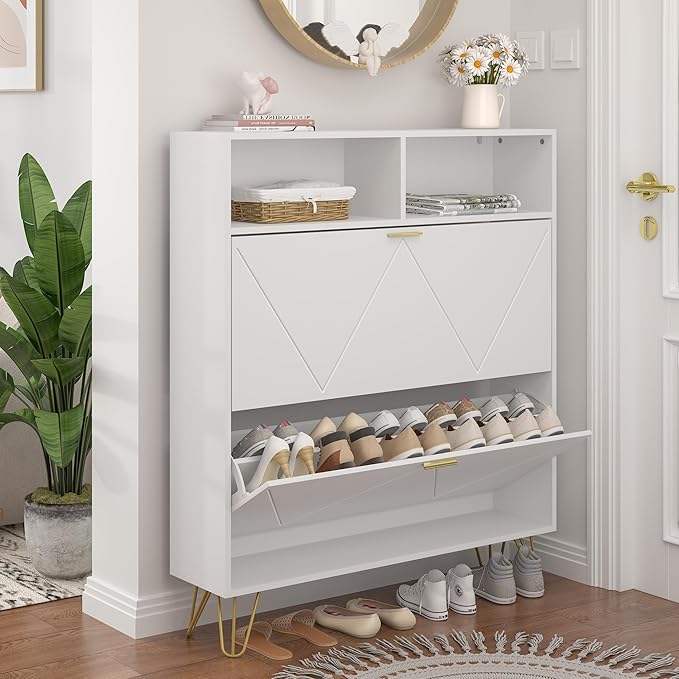 JOZZBY Large Shoe Cabinet for Entryway, 46'' Tall Narrow Shoe Storage Cabinet with 2 Flip Drawers and Open Shelves, White Freestanding Shoe Organizer for Hallway, Living Room