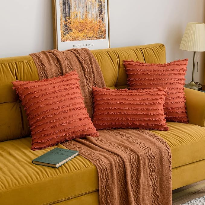 MIULEE Set of 2 Fall Decorative Boho Throw Pillow Covers Linen Striped Jacquard Pattern Cushion Covers for Sofa Couch Living Room Bedroom 16x16 Inch Burnt Orange